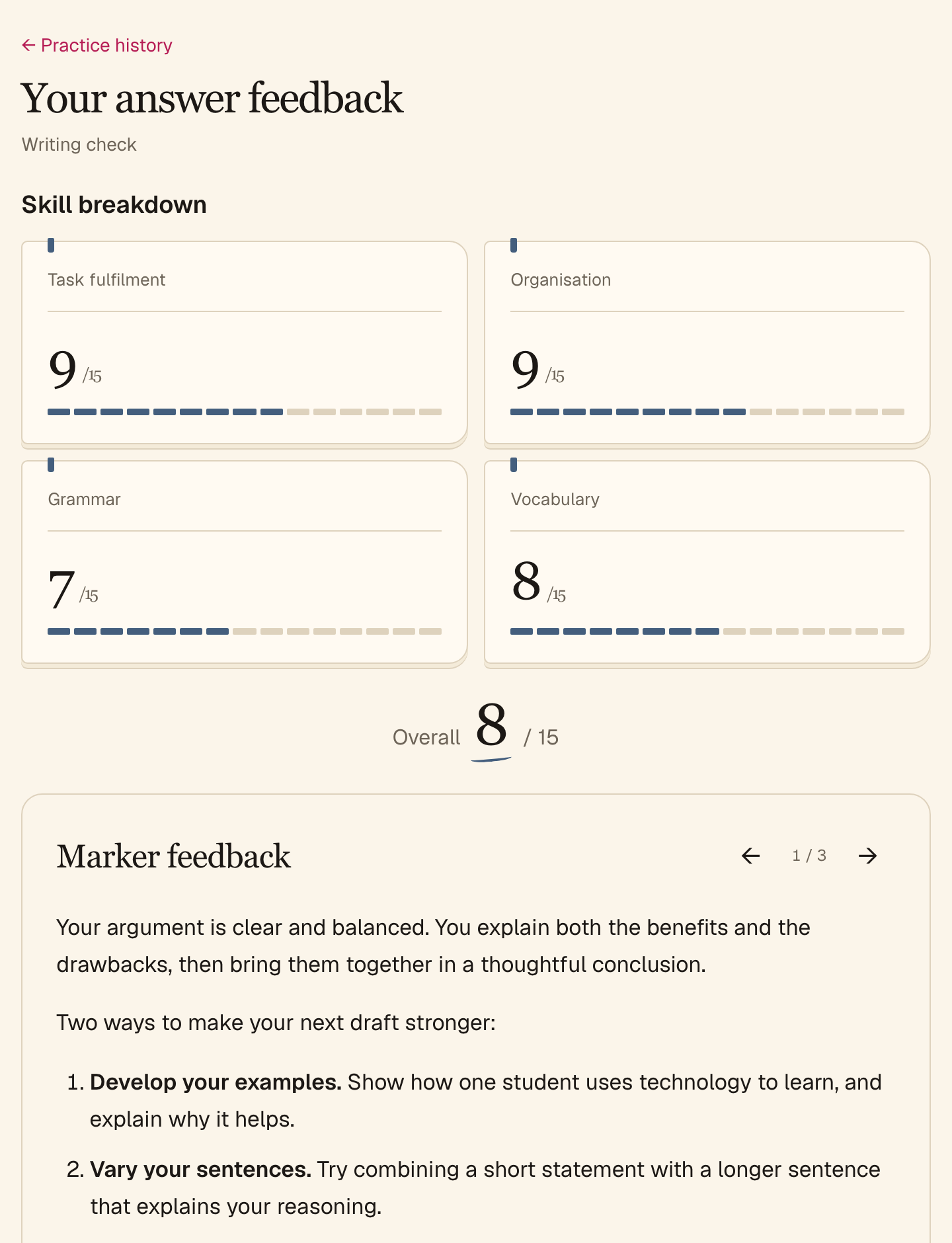 Essay feedback with a skill breakdown